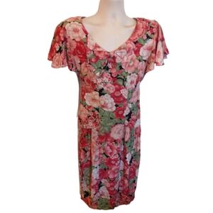 Vintage 1980's Jane Singer Cabbage Rose Dress Peach Pink White Size 10